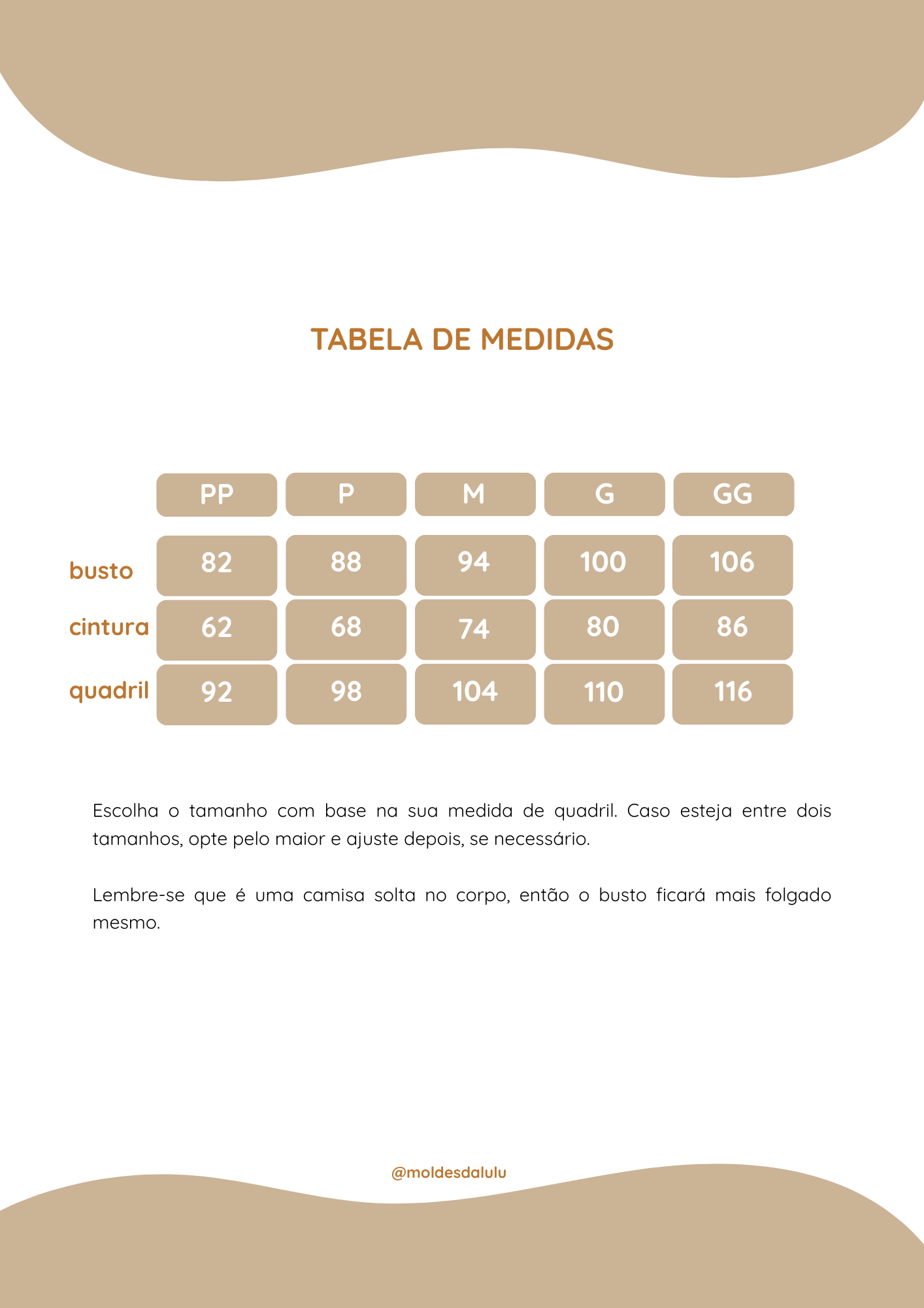 Tabela de medidas da Camisa Liz — busto, cintura, quadril por tamanho