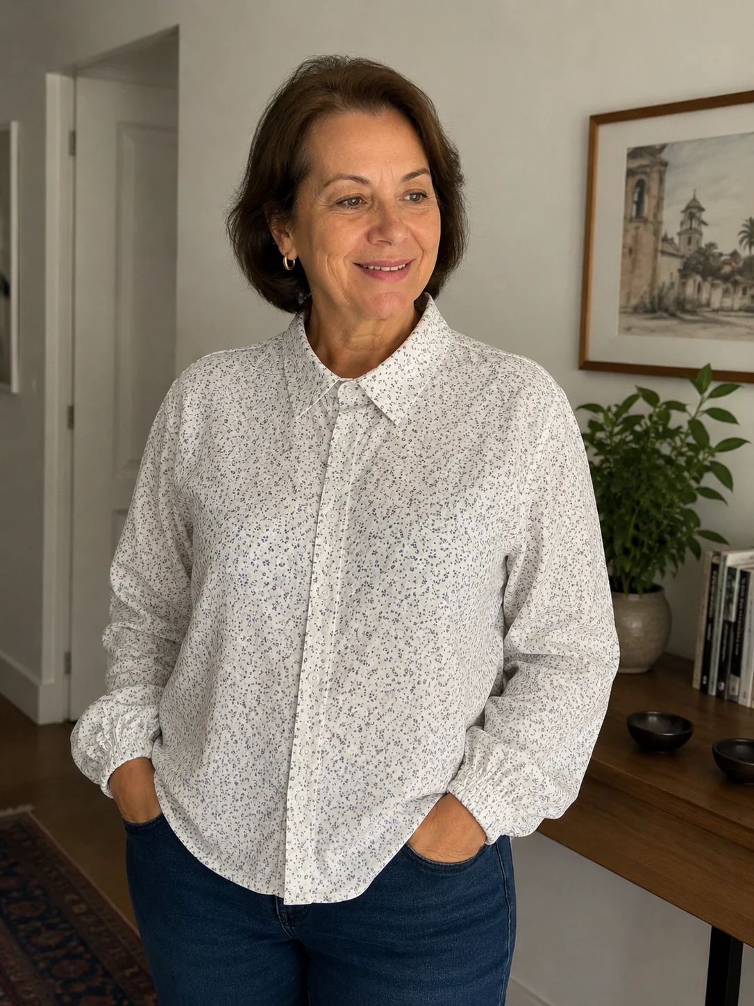 Cliente usando a Camisa Liz que costurou