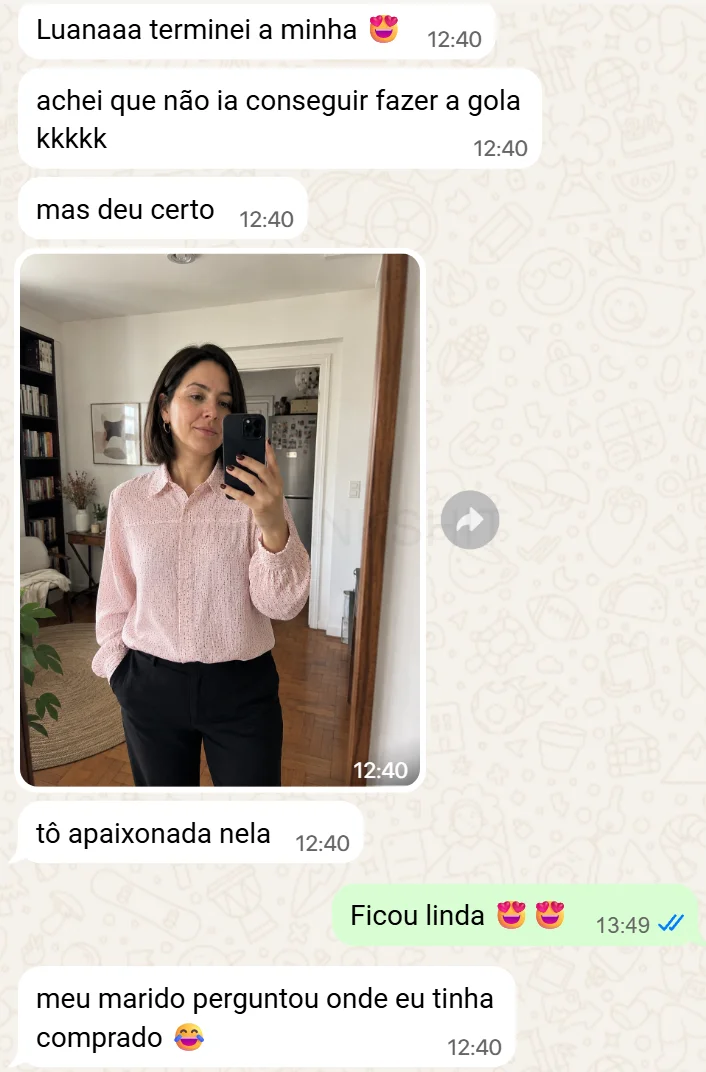 Mensagem de aluna sobre a Camisa Liz