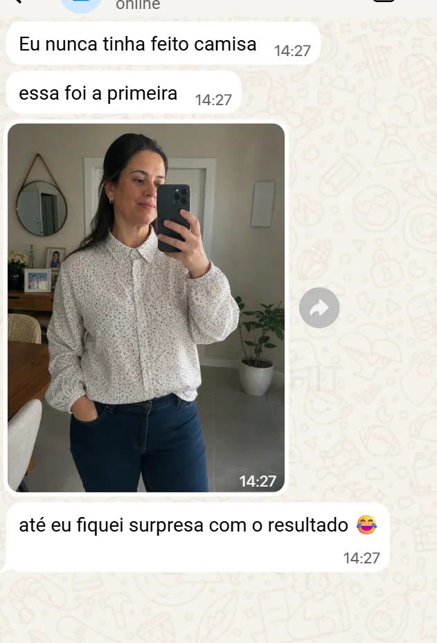 Mensagem de aluna sobre a Camisa Liz