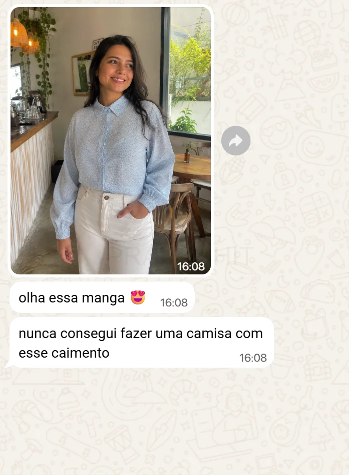 Mensagem de aluna sobre a Camisa Liz